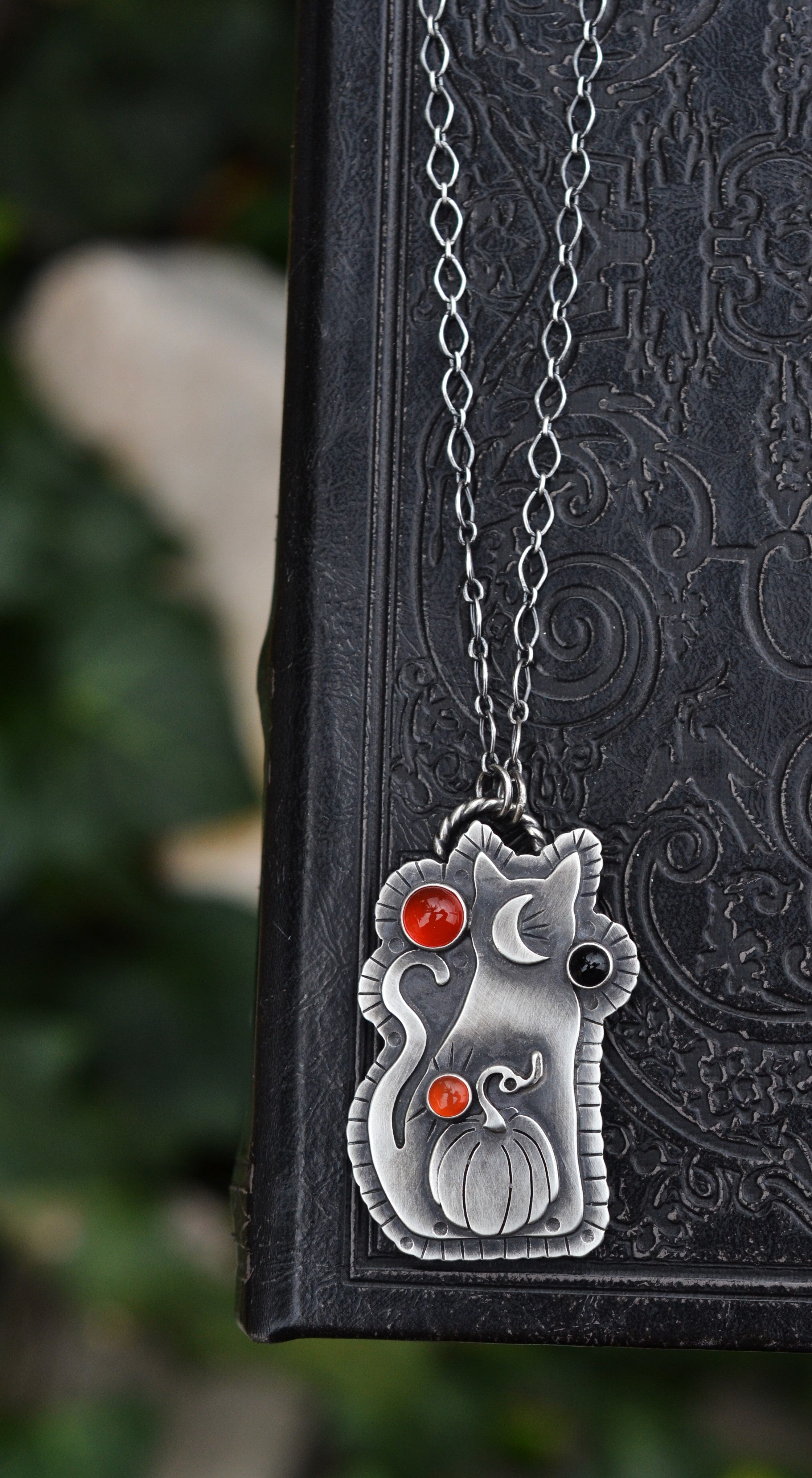 Witchy Cat with Pumpkin OOAK Necklace - 3 Carnelian Gemstones - 18" Chain