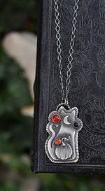 Witchy Cat with Pumpkin OOAK Necklace - 3 Carnelian Gemstones - 18" Chain