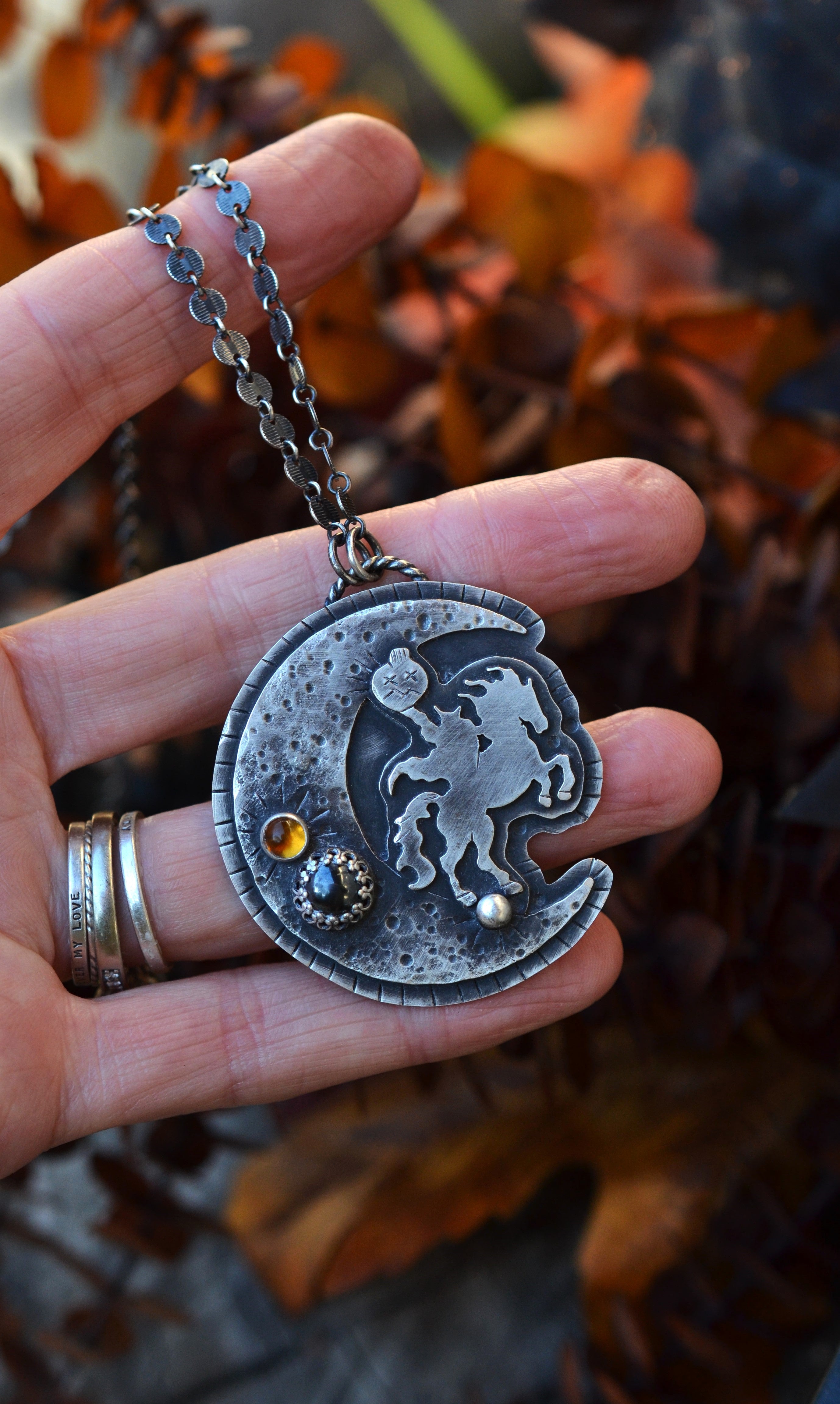 Sleepy Hollow Moon - Headless Horseman OOAK Necklace - 3 Stones - 20" & 22" Adjustable Chain