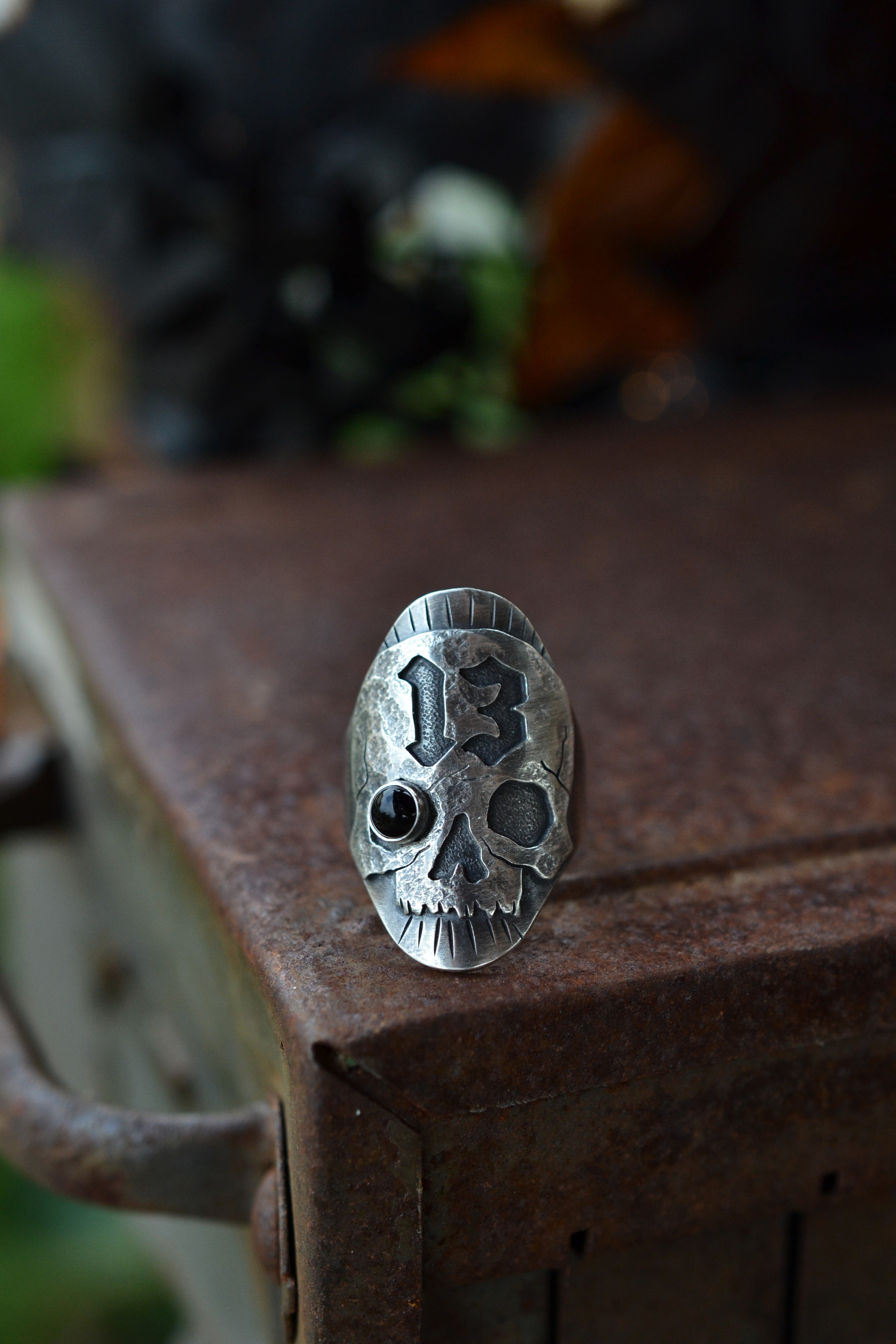 Skull Ring Lucky #13 - Black Onyx -  Will fit like a Size 10.5