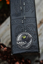 Hallows Eve Midnight Moon Necklace - Bat/Peridot - 20" Chain