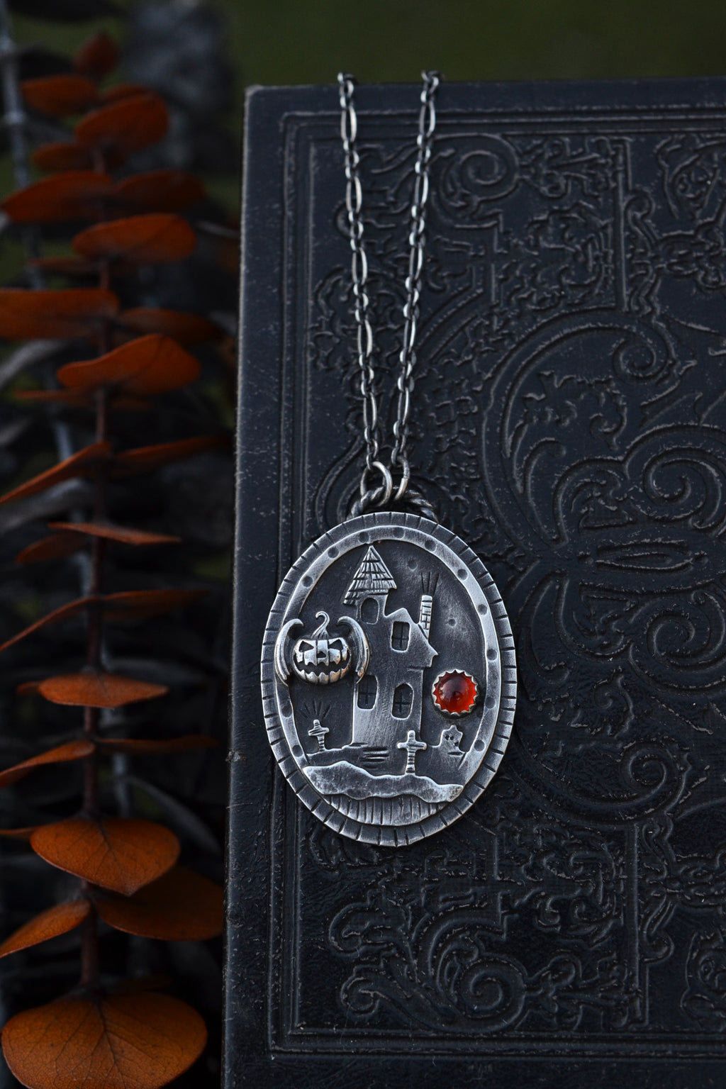 Haunted House Necklace - Bat-o-Lantern - Carnelian - 20" Chain