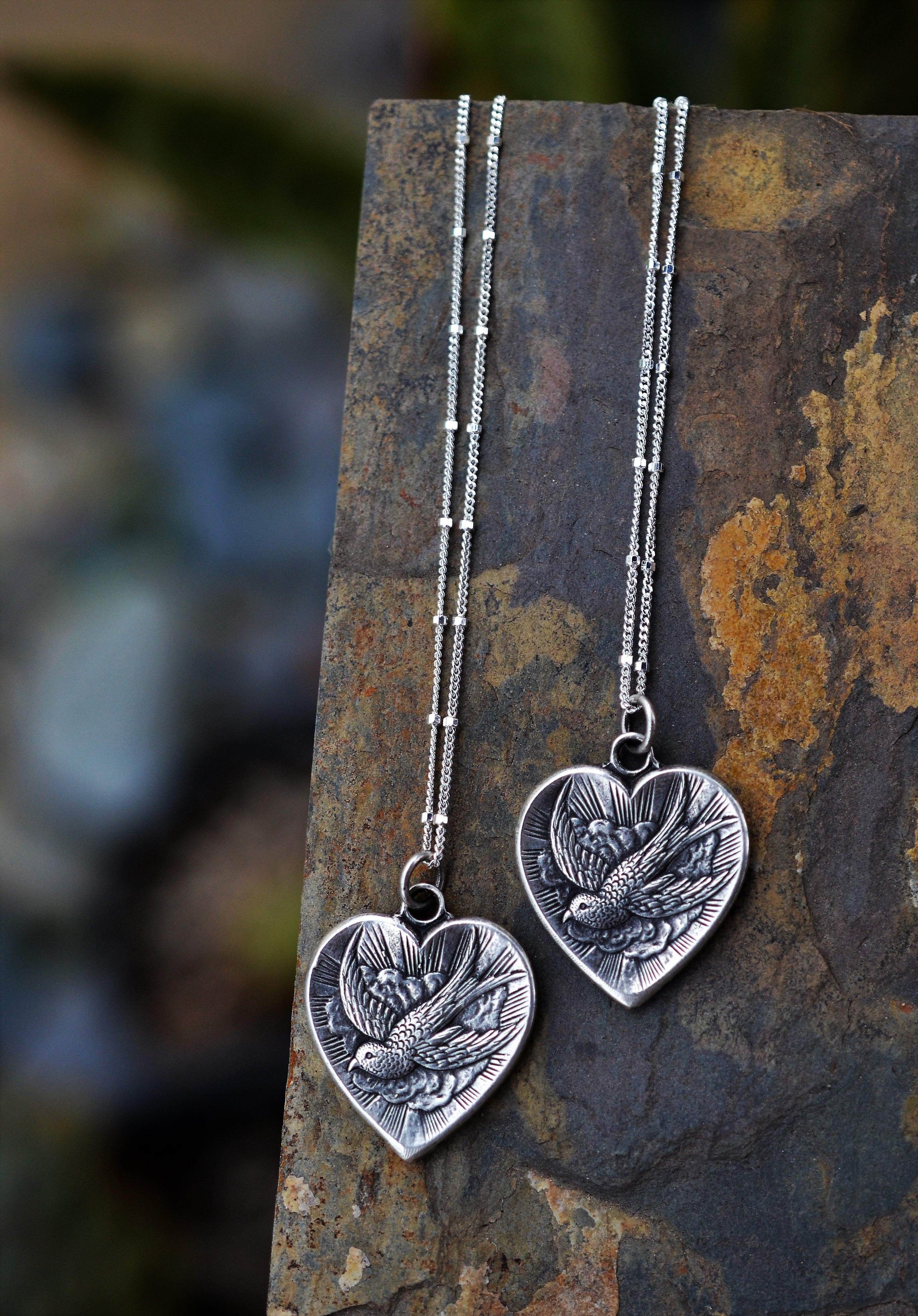 Only 3 Left! PRE-ORDER - Tattoo Heart / Swallow Pendant - Double Sided - 18" or 20" Chain Included