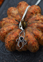Black Onyx Spider Charm Necklace - 24" Chain Included