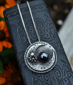 Hallows Eve Moon - Spider and Web Necklace - Hematite - 16" Chain Included