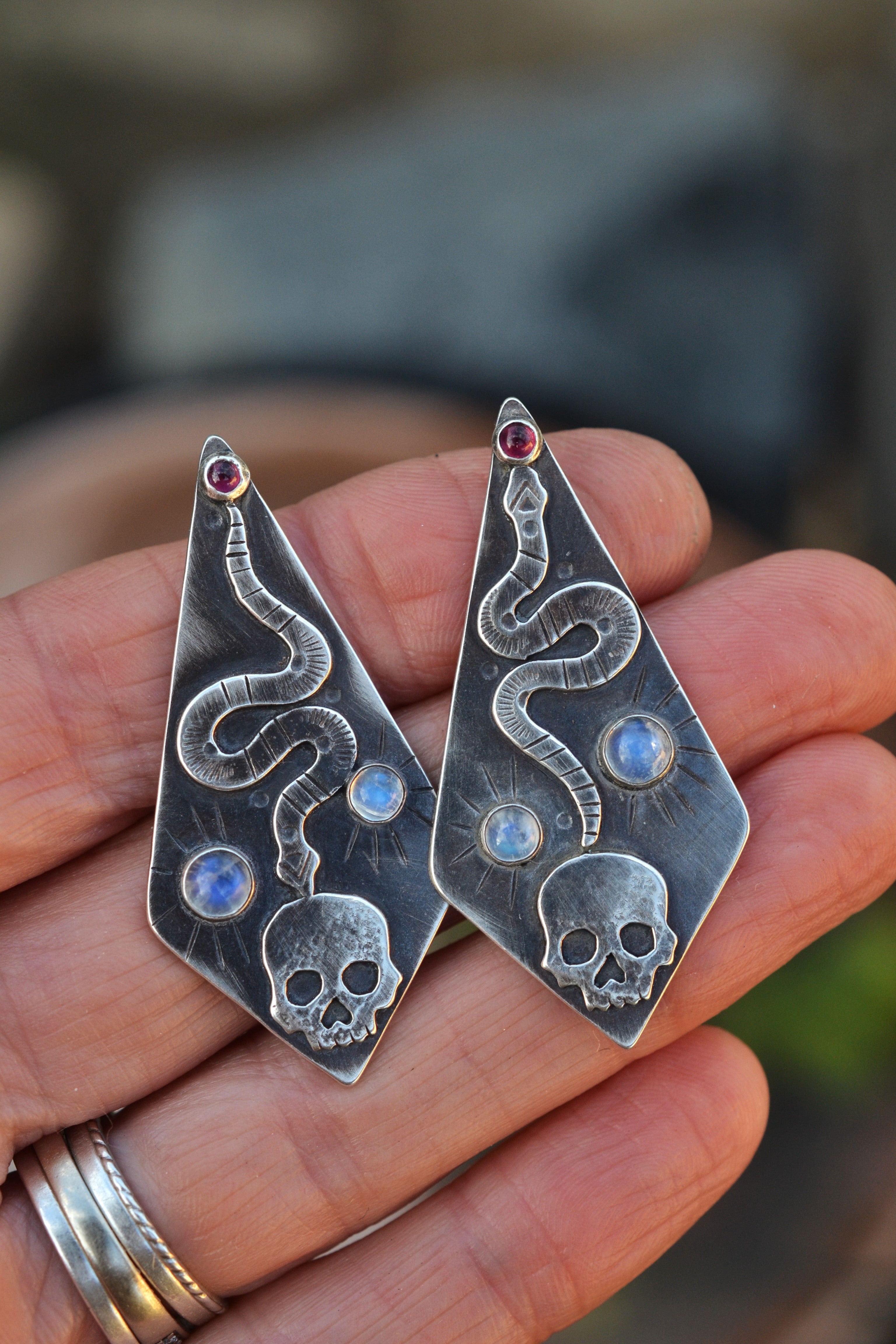 Winter's Darkness Skull/Snake Earrings. Post Style. Rainbow Moonstone