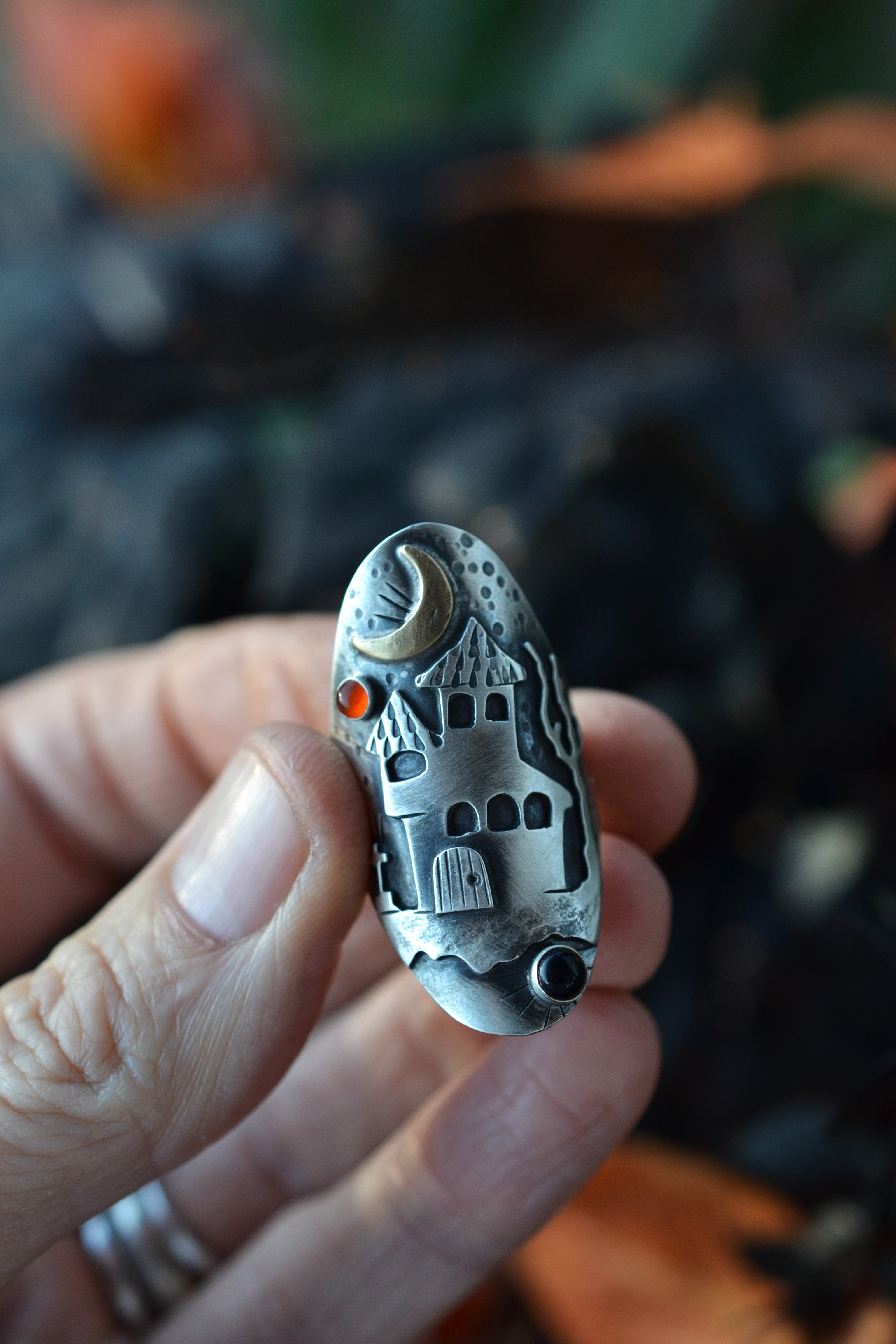 Haunted Witch House Ring - Black Onyx and Carnelian - Will fit like a size 8