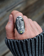 "Never Trust the Living" Tombstone Ring - Peridot and Black Onyx - Will Fit Like a Size 9.5