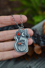 Witchy Cat with Pumpkin OOAK Necklace - 3 Carnelian Gemstones - 18" Chain