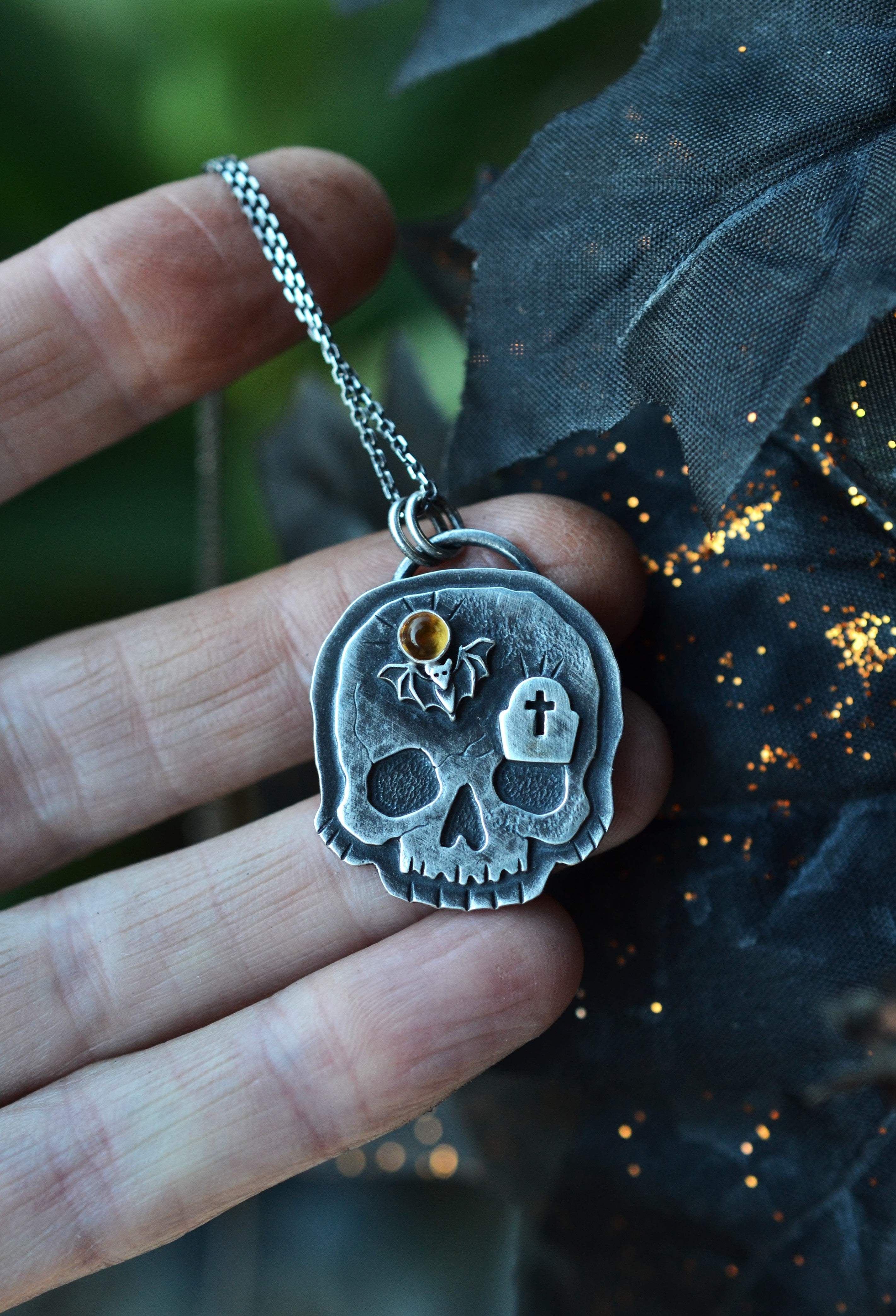 Halloween Skull Charm - Bat/Tombstone - Citrine - 18" Chain Included