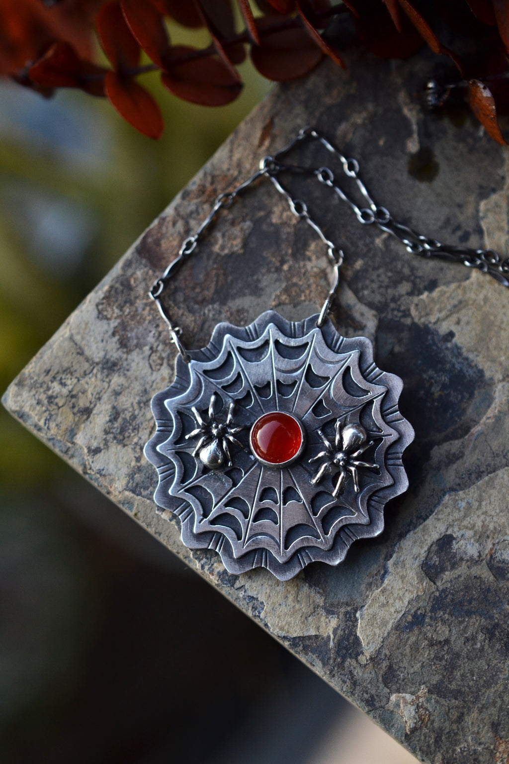 Spiders in Web Necklace - Carnelian - 20" Chain Included