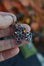 Pre-Order! Save the Bees Honeycomb Earrings - Dangle Style - Choose Your Gemstone