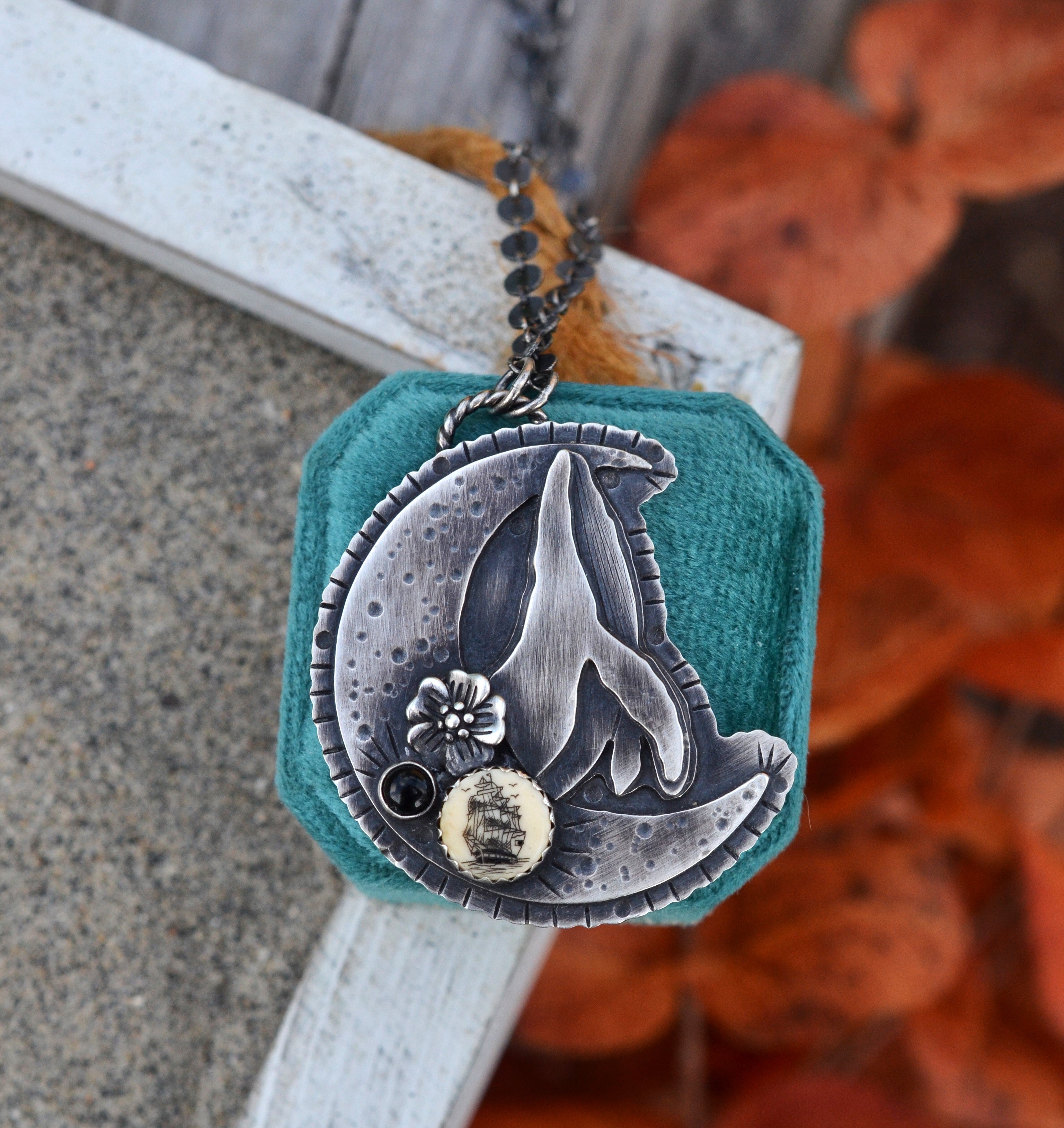 Breaching Whale Tall Ship Moon Statement Necklace - OOAK -  Adjustable chain at 16" and 20"