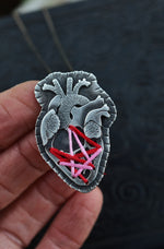 Anatomical Mended Heart -Large - Red and Pink Thread - 24” Chain Included
