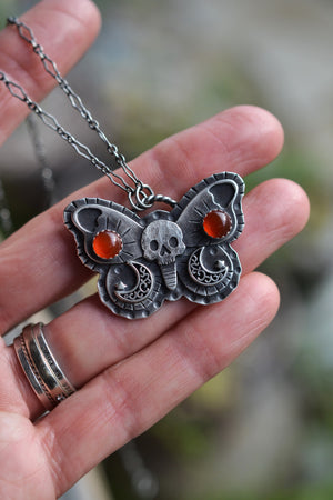 Decorative Skull Butterfly - Carnelian Twin Moons - 16” Chain with 2” extender