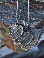 Tattoo Heart Swallow Necklace - Double Sided - Brass Charm with 18" Sterling Silver Chain