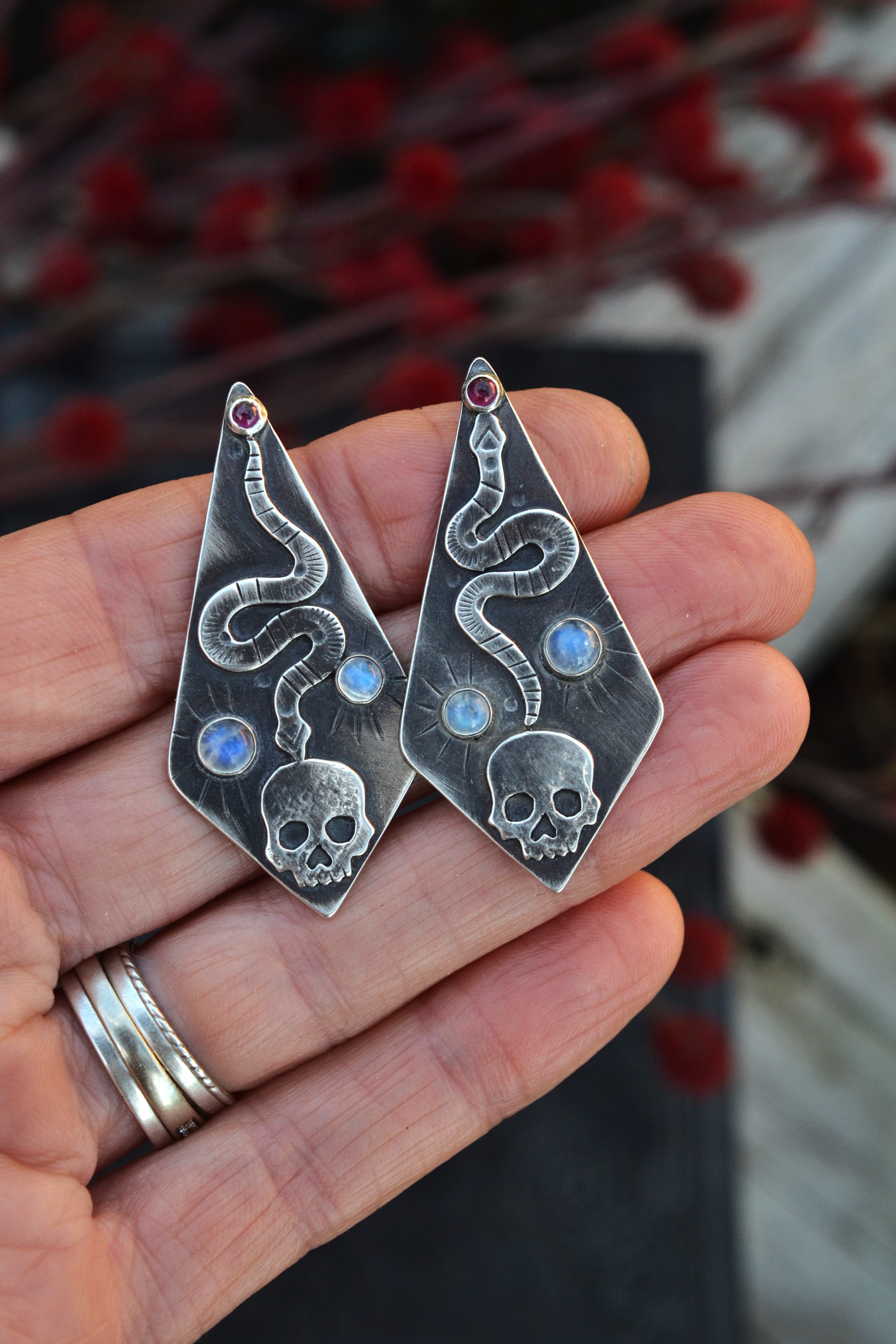 Winter's Darkness Skull/Snake Earrings. Post Style. Rainbow Moonstone