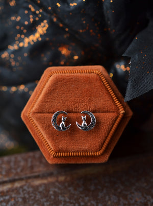 Midnight Moon Cat Stud Earrings - Sterling Silver