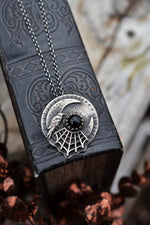 Hallows Eve Moon - Raven and Web Necklace - Black Onyx - 20" Chain Included