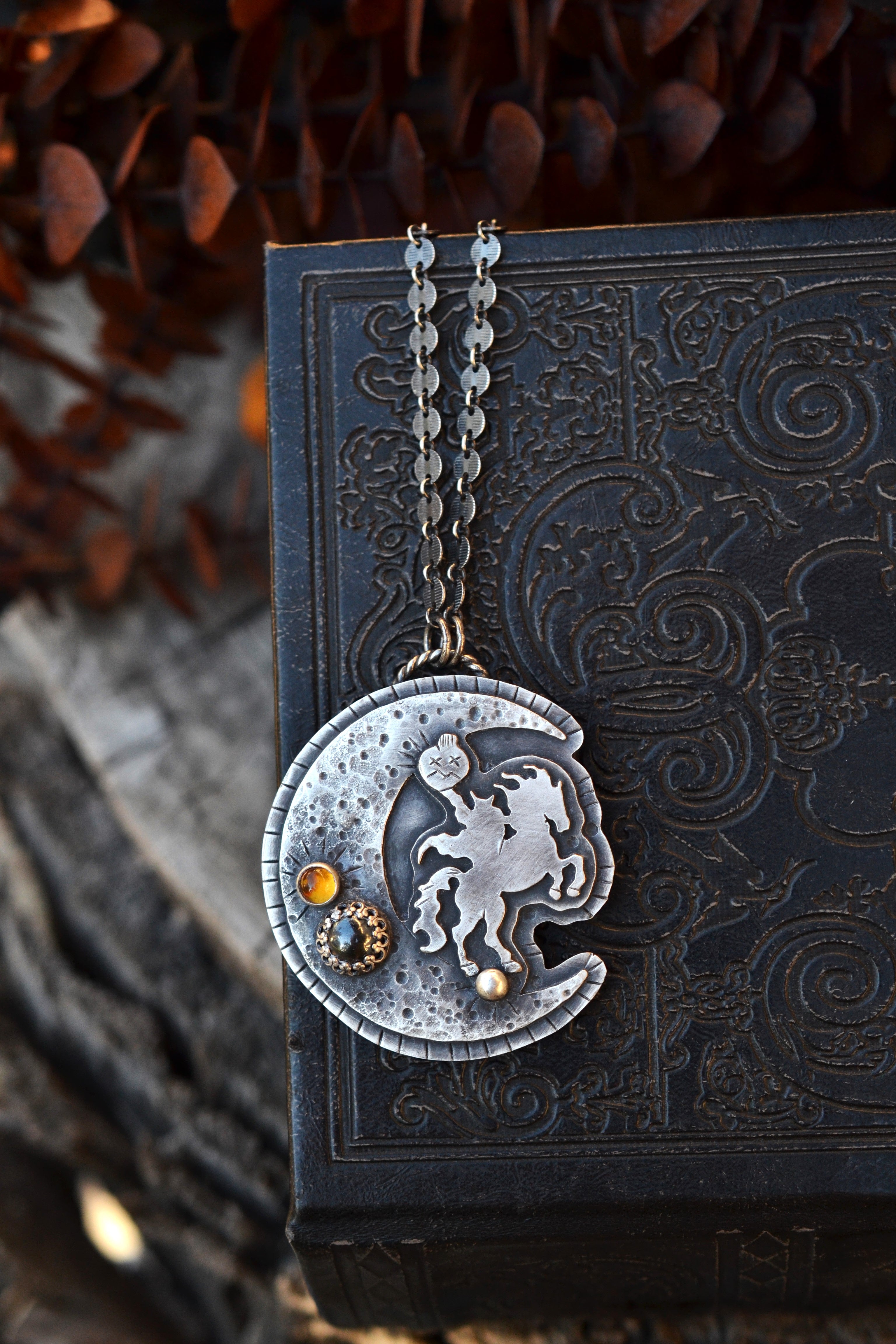 Sleepy Hollow Moon - Headless Horseman OOAK Necklace - 3 Stones - 20" & 22" Adjustable Chain