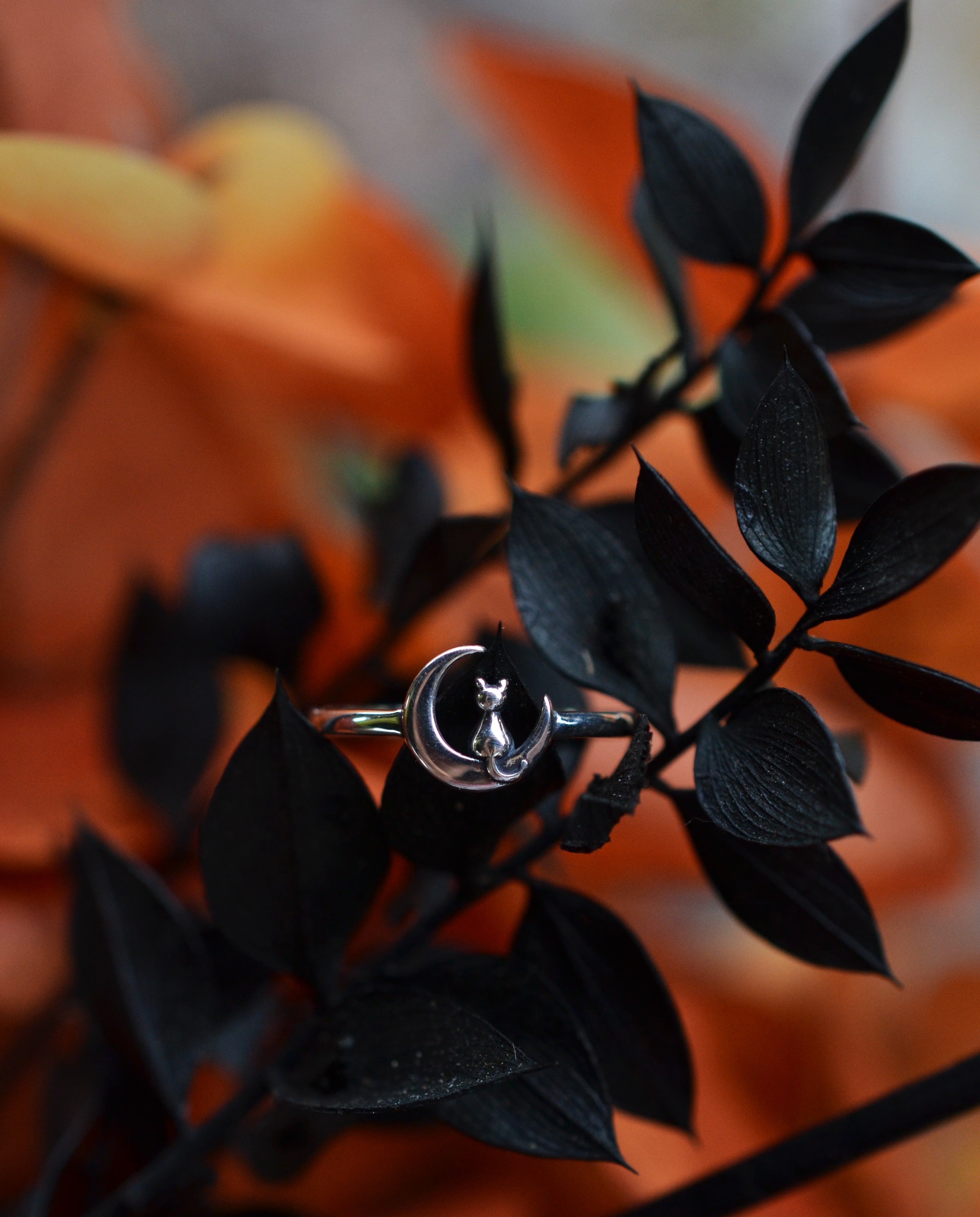 Midnight Moon Cat Ring - Sterling Silver - Sizes 5-10