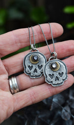 Made to Order. Heart Eyed Skull Charm - Black Mother of Pearl Crescent Moon - 18" Chain Included