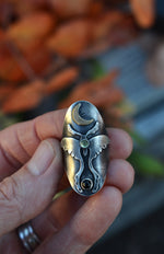 Luna Moth Ring - Peridot and Black Onyx - Will Fit like a Size 6.5