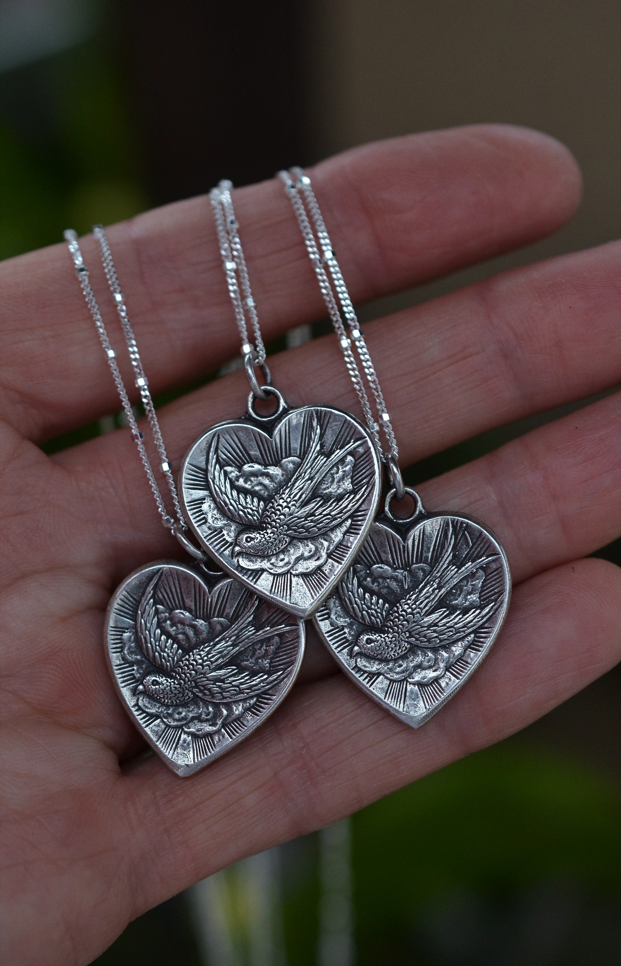 Heart Swallow Pendant - Double Sided - 16"or 18" Chain Included