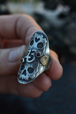 Valloween Lucky 13 Twin Skulls Hearts Ring -  Garnet - Will Fit Like a Size 7