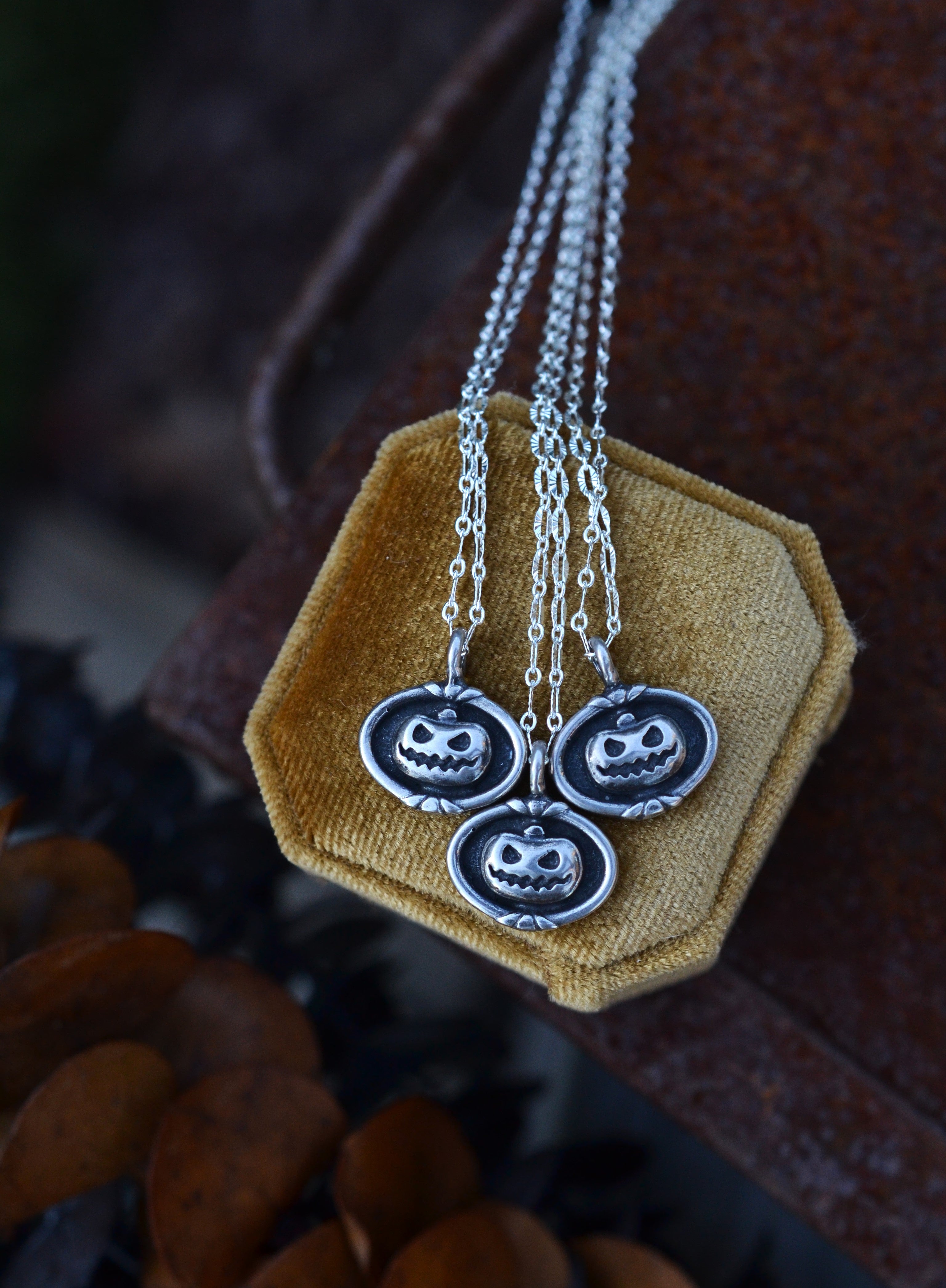 Jack-o-Lantern Cameo Charm Necklace - Sterling Silver - 18" or 20" Chain Included