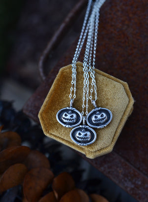 Jack-o-Lantern Cameo Charm Necklace - Sterling Silver - 18" or 20" Chain Included