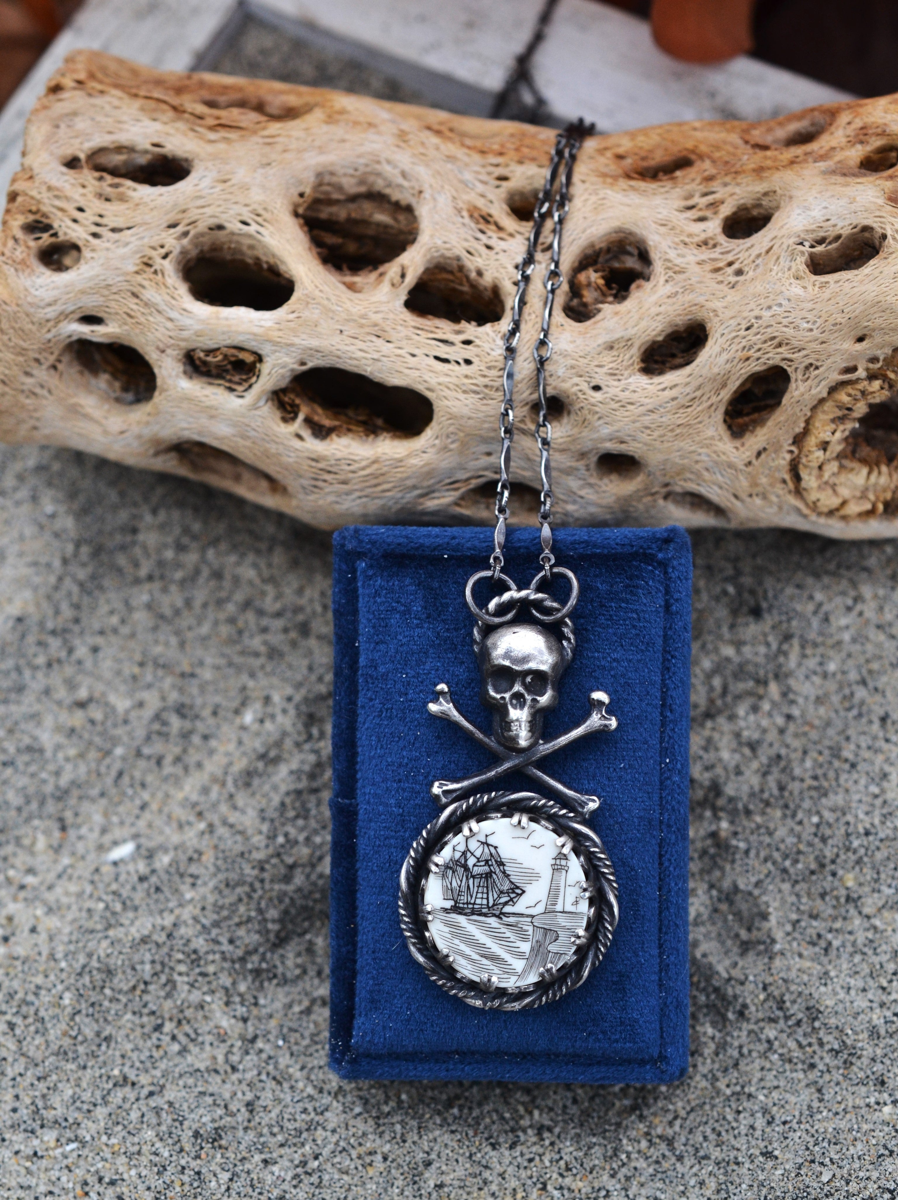 Jolly Roger Scrimshaw Ship Necklace - Sterling Silver - Adjustable Chain at 20" and 22"