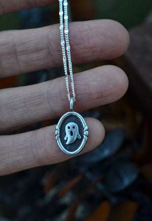 Surprised Ghostie Cameo Charm Necklace - Sterling Silver - 18" or 20" Chain Included