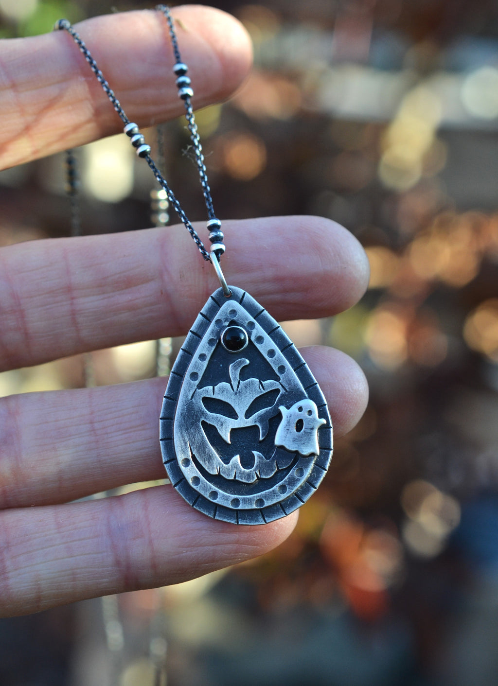 Jolly Jack-O-Lantern Charm Necklace - Black Onyx - 18" Chain Included