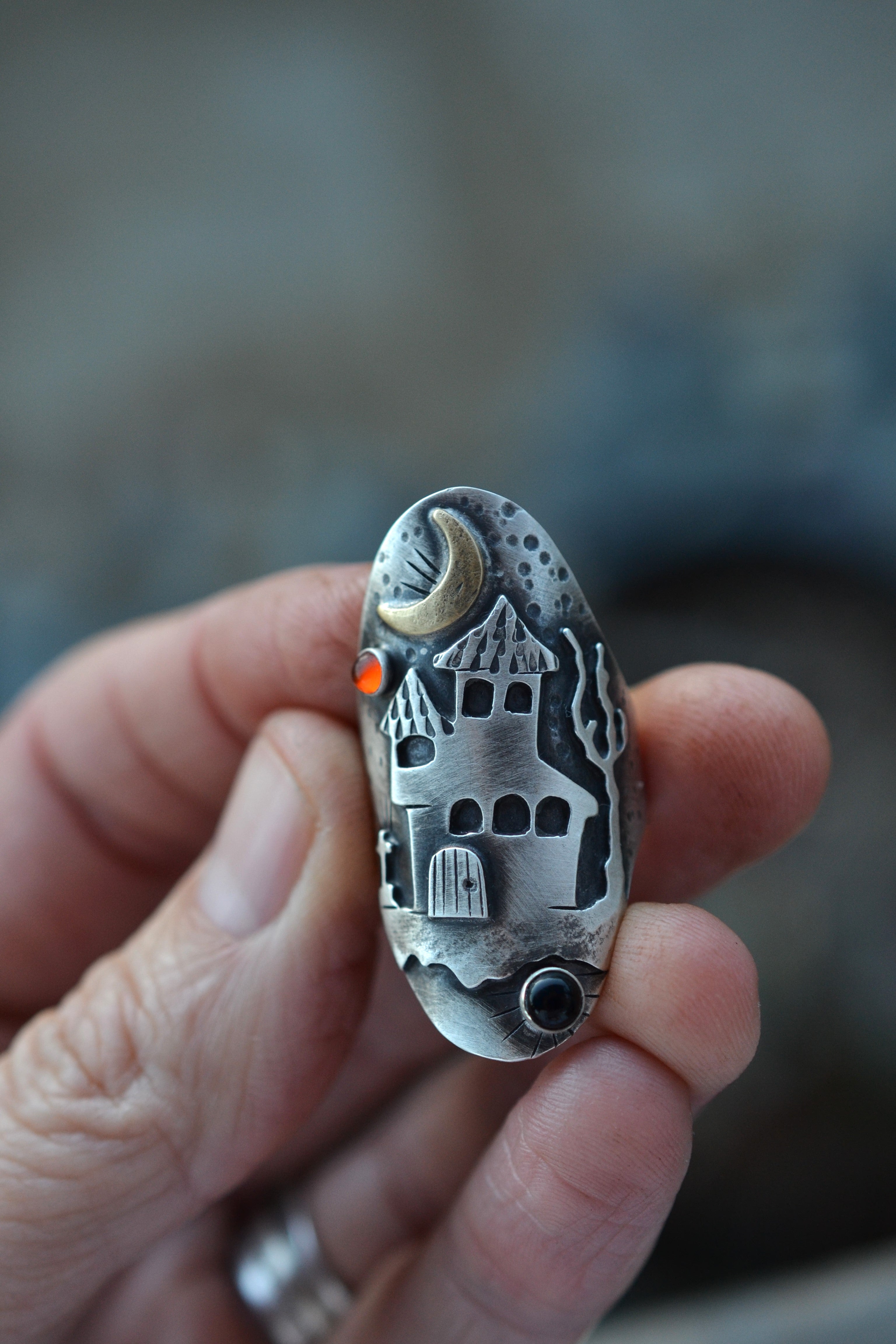 Haunted Witch House Ring - Black Onyx and Carnelian - Will fit like a size 8