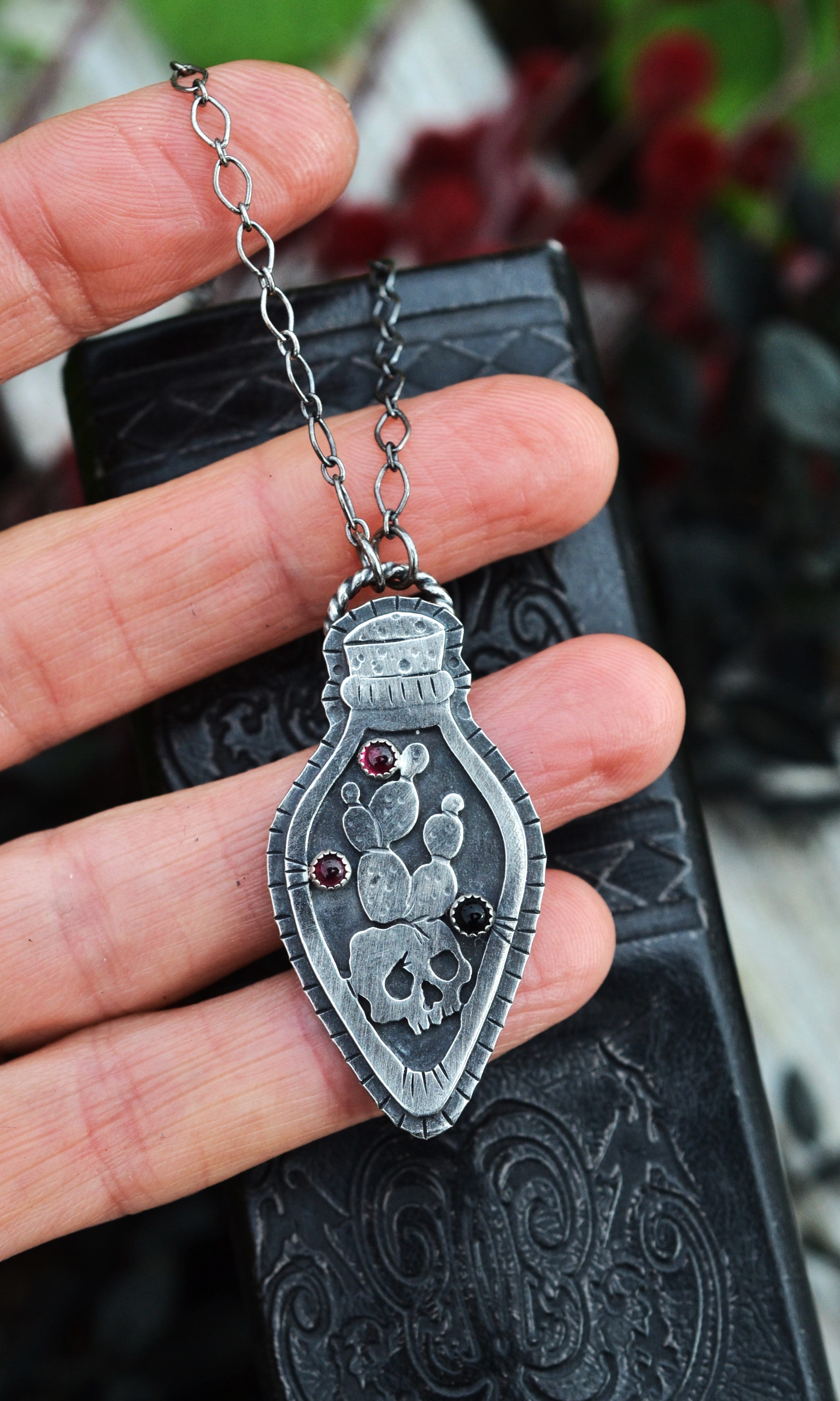 Death in the Desert Specimen Bottle - Black Onyx and Garnet - 20" Chain Included
