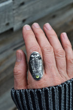"Never Trust the Living" Tombstone Ring - Peridot and Black Onyx - Will Fit Like a Size 9.5