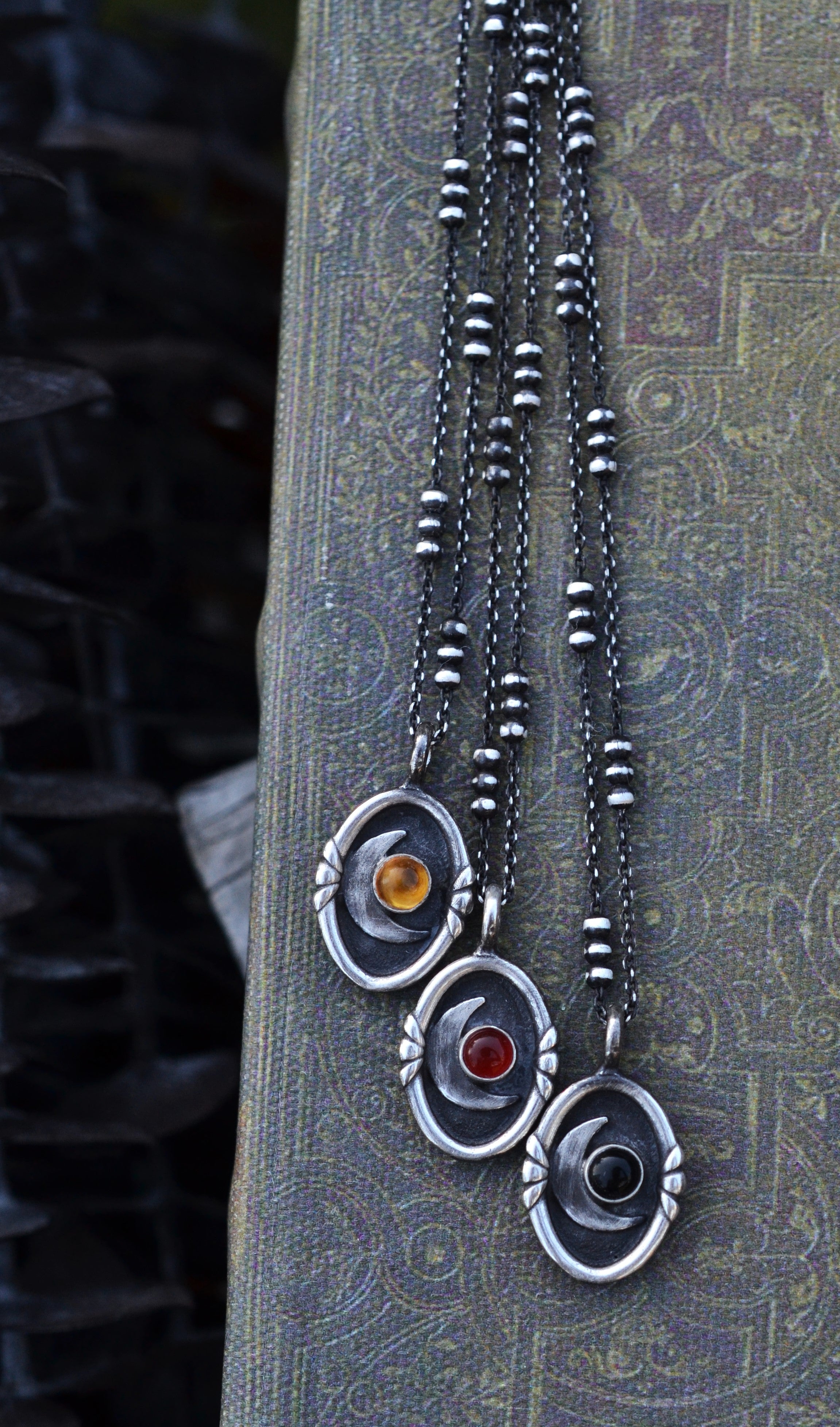 Crescent Moon Cameo Charm Necklace - Choose Your Stone and Chain Length