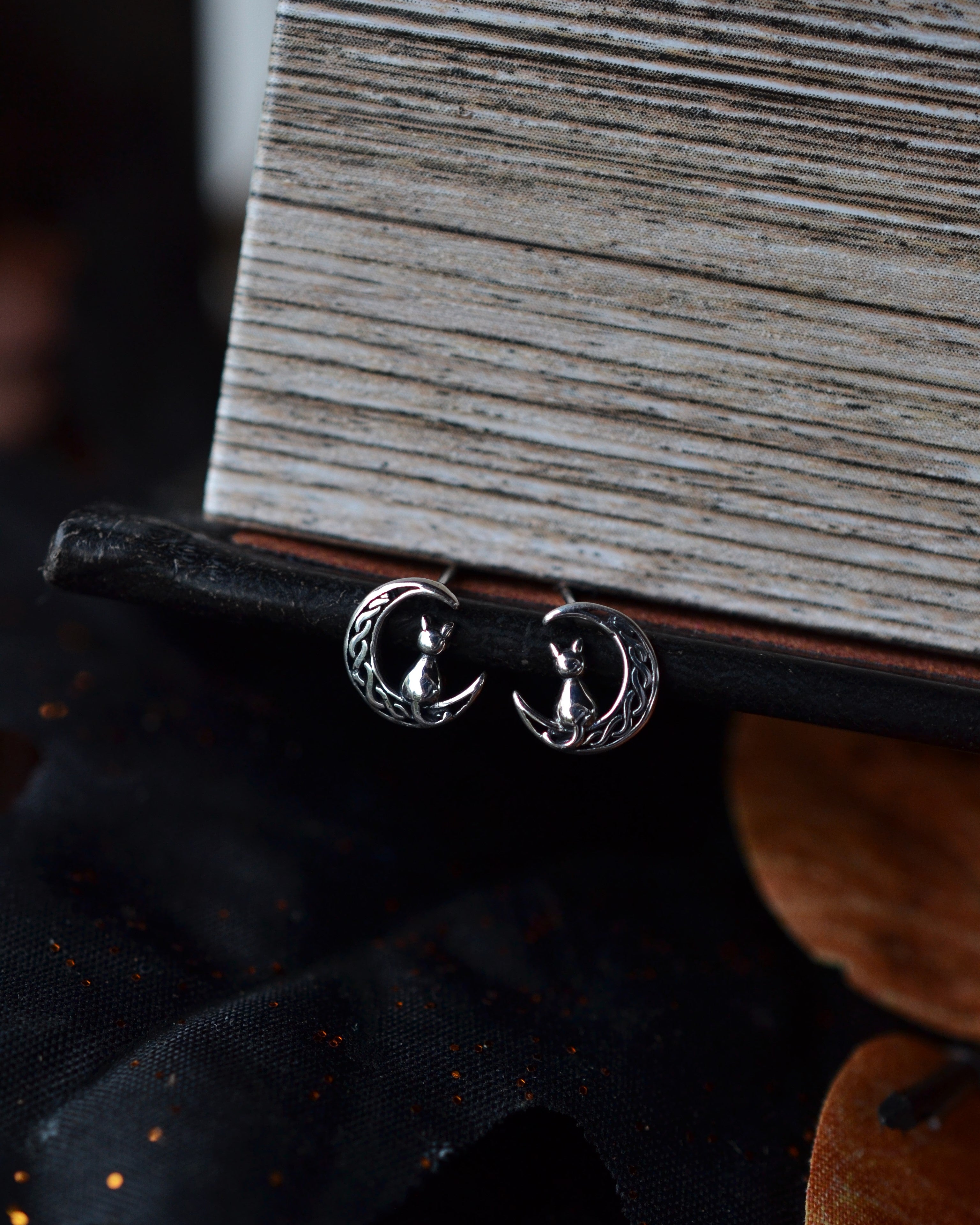 Midnight Moon Cat Stud Earrings - Sterling Silver