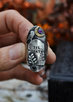 Til Death - Tombstone Raven Ring - Black Onyx and Amethyst - Size 7.5