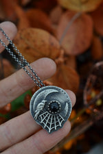 Hallows Eve Moon - Raven and Web Necklace - Black Onyx - 20" Chain Included