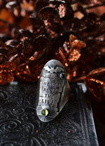 "Never Trust the Living" Tombstone Ring - Peridot and Black Onyx - Will Fit Like a Size 9.5