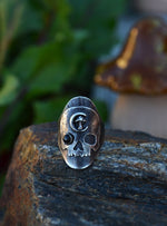 Celestial Mushroom Skull Saddle Ring - Black Star Diopside - Size 8.5
