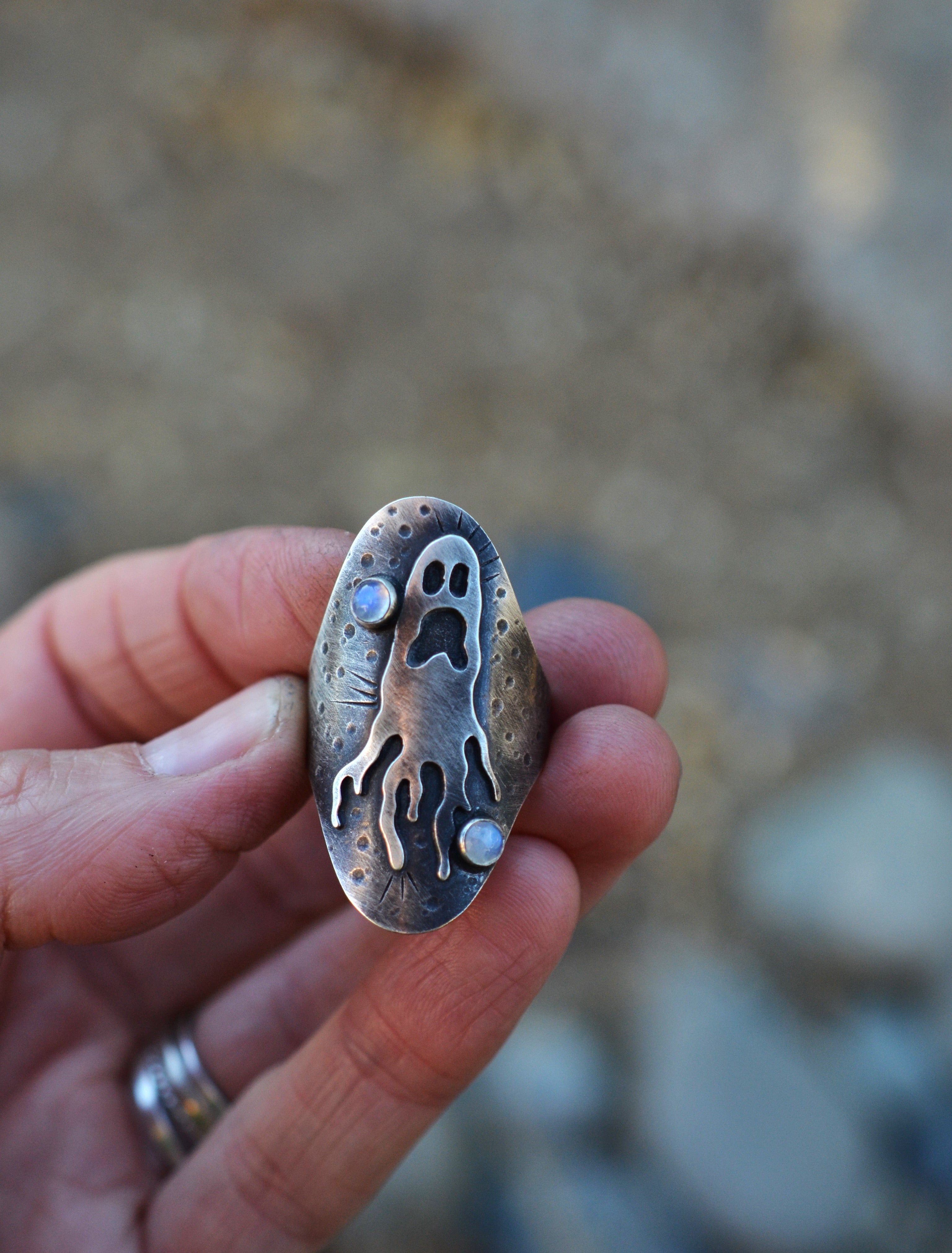 Ghastly Ghost Ring - Rainbow Moonstone - Size 10.5