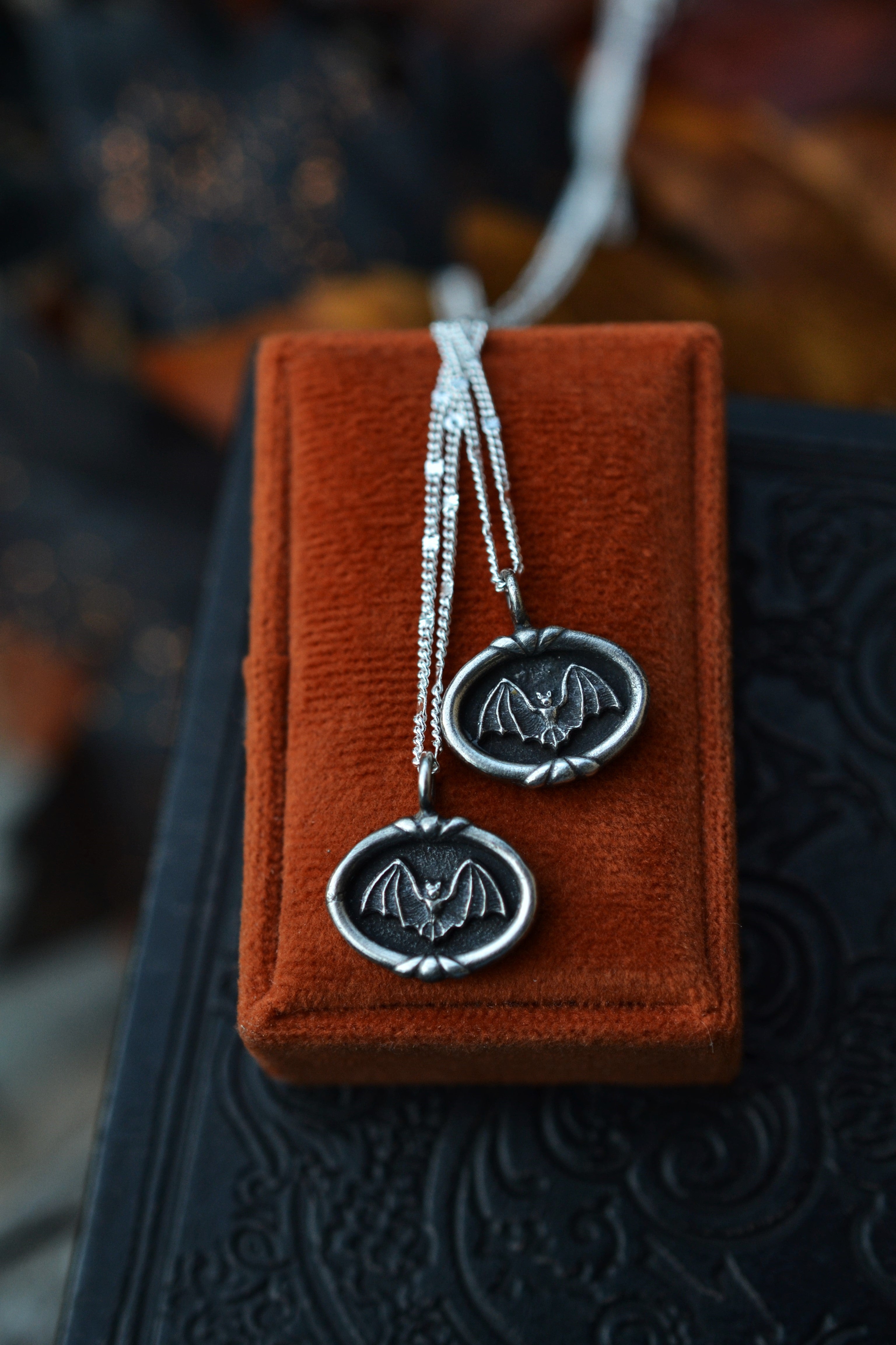 Bat Cameo Charm Necklace - Sterling Silver - 18" or 20" Chain Included