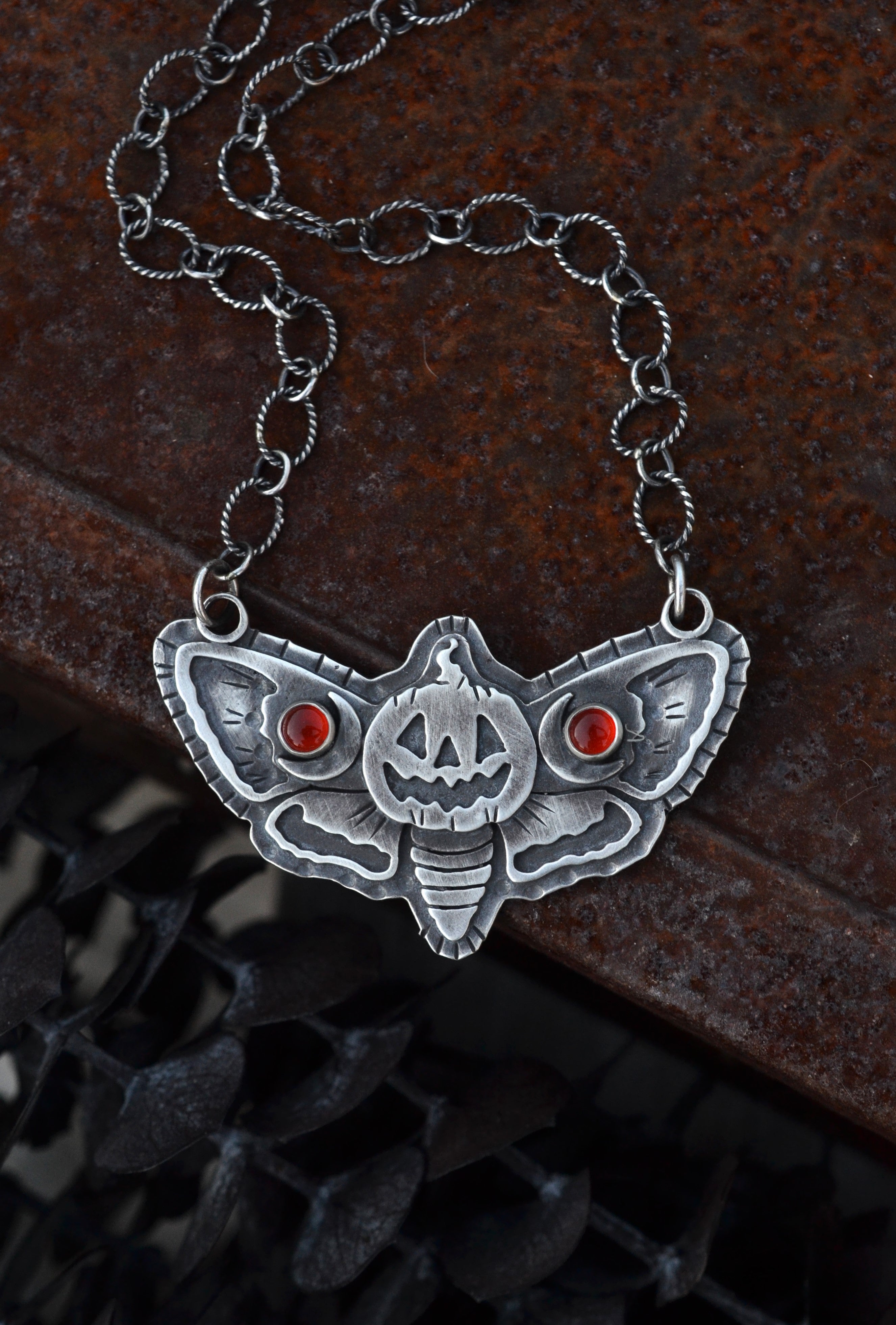 Jack-O-Lantern Moth- Carnelian - 16" Chain with 2" Extender to 18"