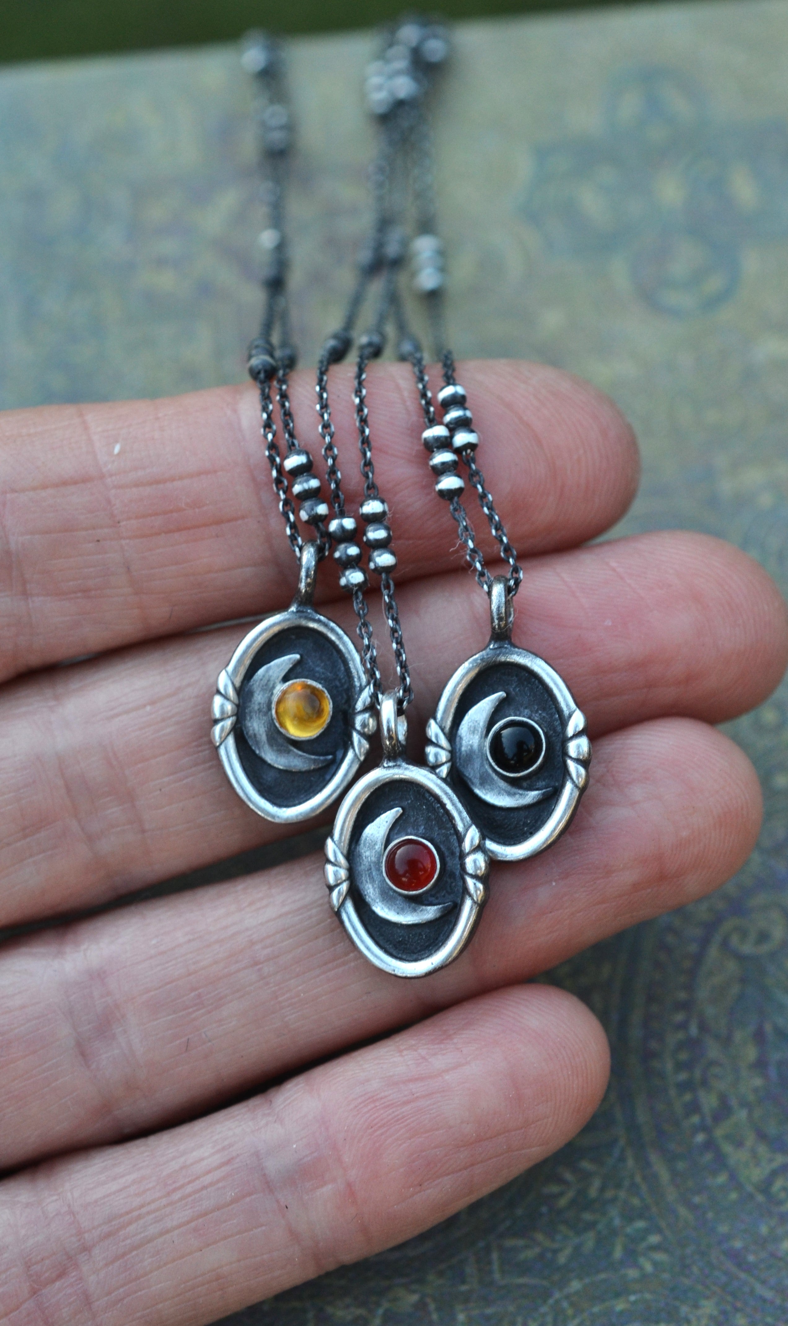 Crescent Moon Cameo Charm Necklace - Choose Your Stone and Chain Length