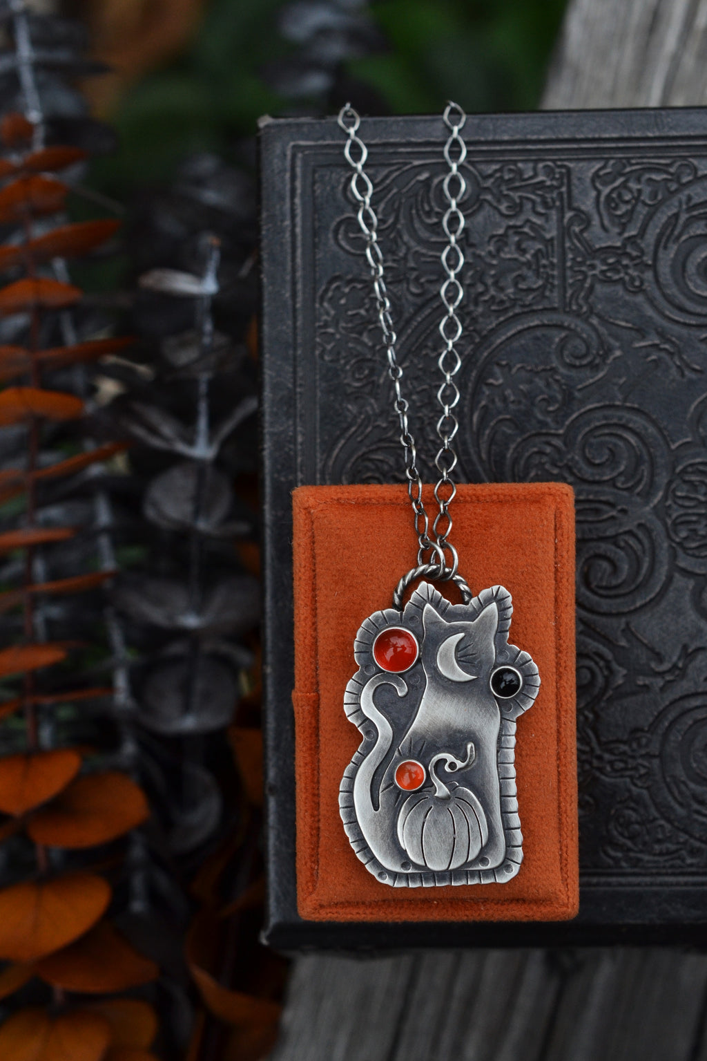 Witchy Cat with Pumpkin OOAK Necklace - 3 Carnelian Gemstones - 18" Chain