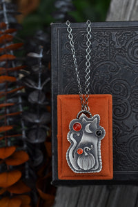 Witchy Cat with Pumpkin OOAK Necklace - 3 Carnelian Gemstones - 18" Chain