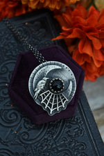Hallows Eve Moon - Raven and Web Necklace - Black Onyx - 20" Chain Included